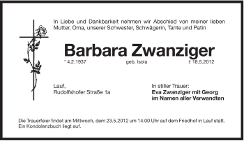 Traueranzeige von Barbara Zwanziger von Pegnitz-Zeitung